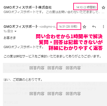 問い合わせ内容とその回答が記載された画像。GMOオフィスサポートの回答スピードが早い証拠を示している。